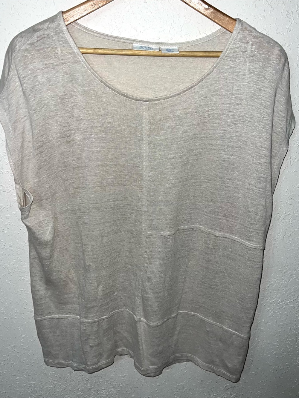 Sigrid Olsen 100% Linen Tan cap-sleeve top relaxed knit asymmetric panel Size XL